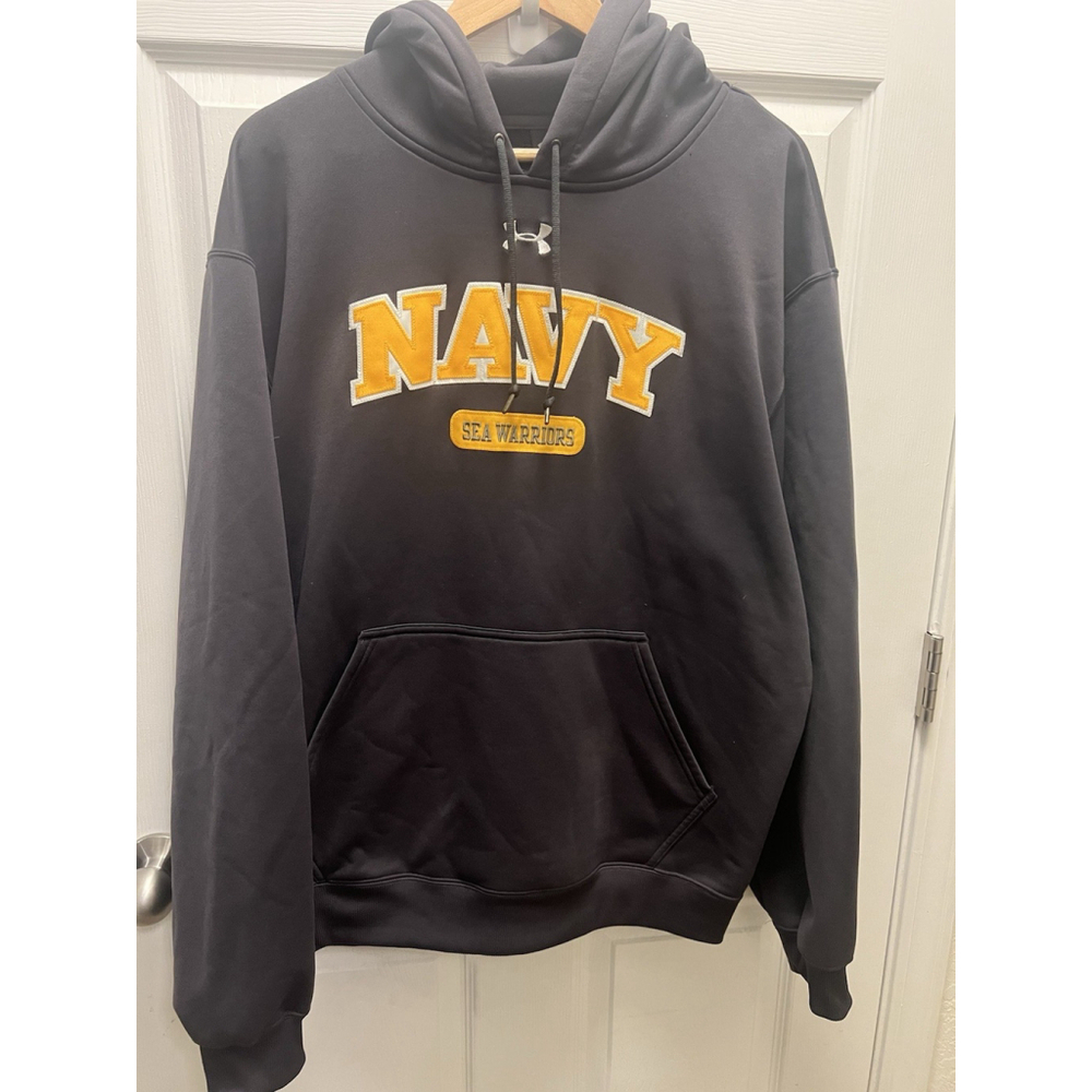 Under Armour Navy Sea Warriors Hoodie Men’s LG Black Gold USN Military Pullover - Picture 5 of 10